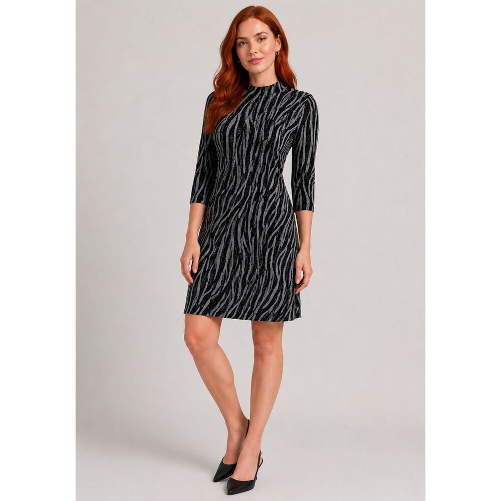 Nanette Lepore Zebra Mock Neck 3/4 Sleeve Dress Gray L